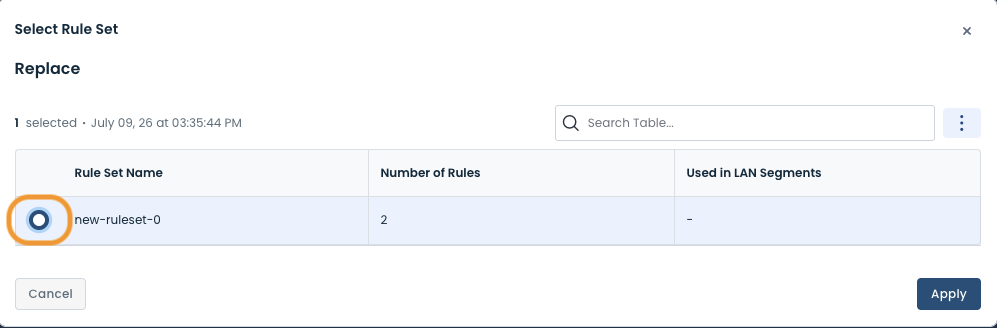 Selected rule set named 'new-ruleset-0' with two rules displayed in a table.